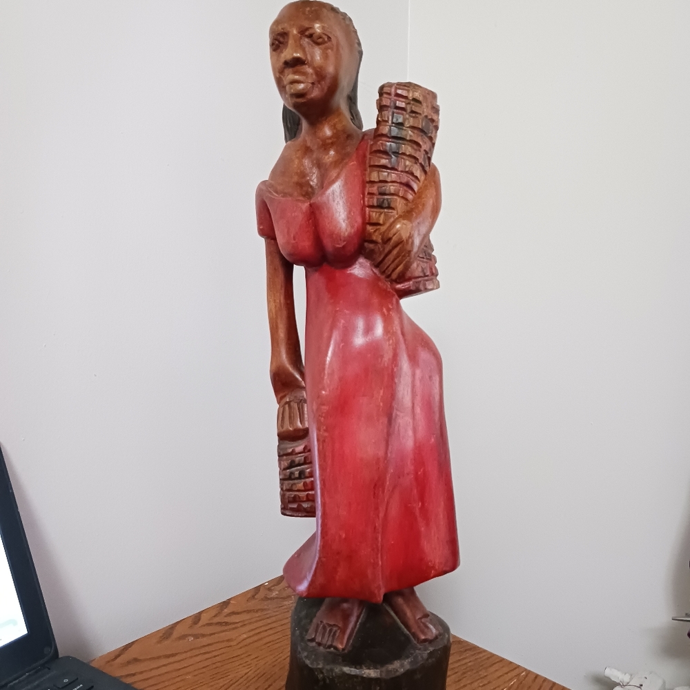 Wood Sculture Woman In Red Dress 21" Solid Chiseled